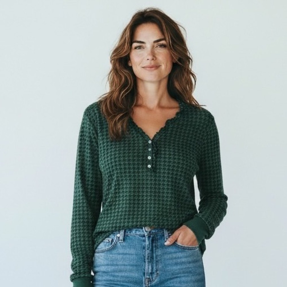 Chaps Womens Long Sleeve Henley Shirt Green Houndstooth Ruffle V-Neck‎ XL